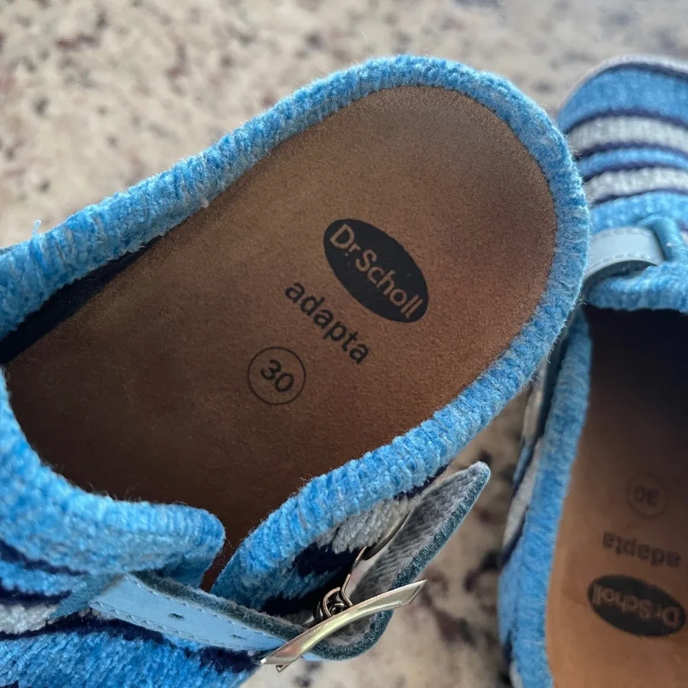 Dr. Scholl Adapta Clogs Kids 30 Blue Striped Cozy Knit Buckle Strap Mules Shoe